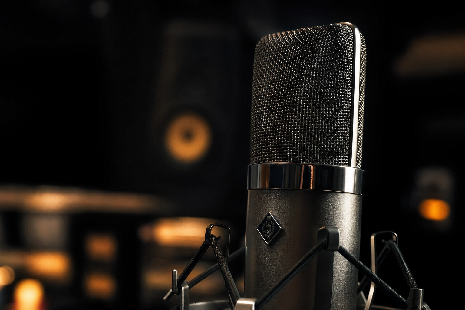 Premium condenser microphone in a dark recording studio